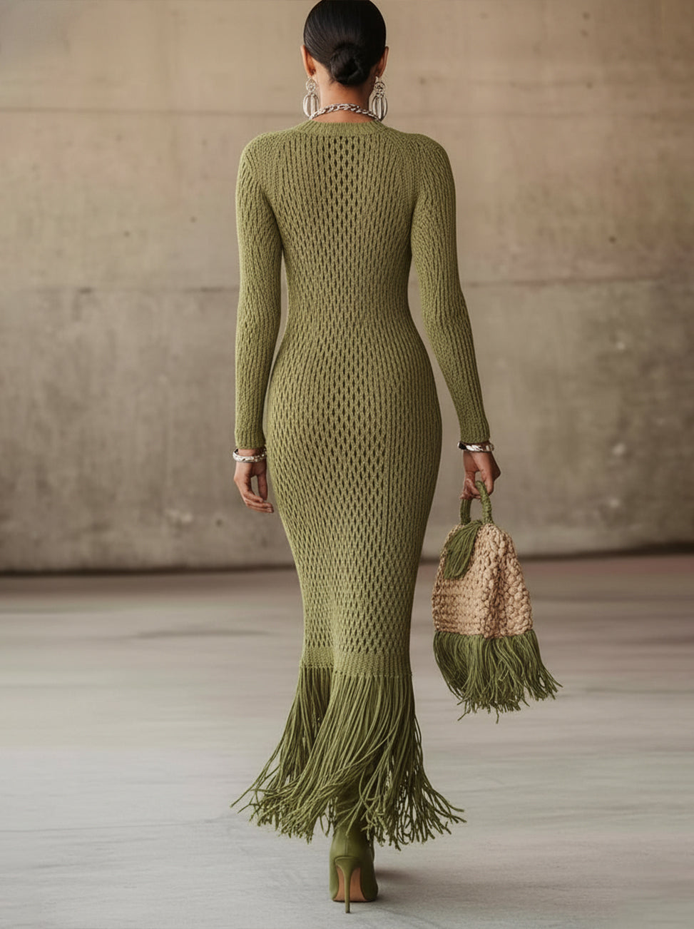 24-Hour-Shipping Olive Green Knit Fringe Hem Bodycon Maxi Dress