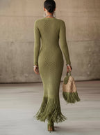 24-Hour-Shipping Olive Green Knit Fringe Hem Bodycon Maxi Dress