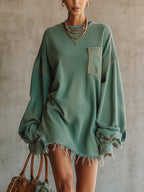 24-Hour-Shipping Green Denim Oversized Pocket Frayed Hem Mini Dress
