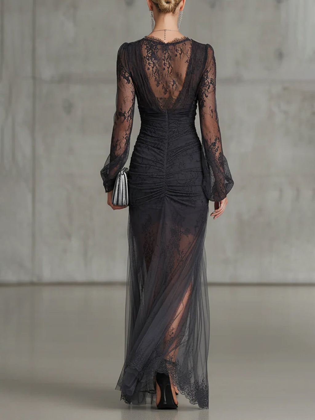 24-Hour-Shipping Black Lace Ruched Sheer Long Sleeve Slit Maxi Dress