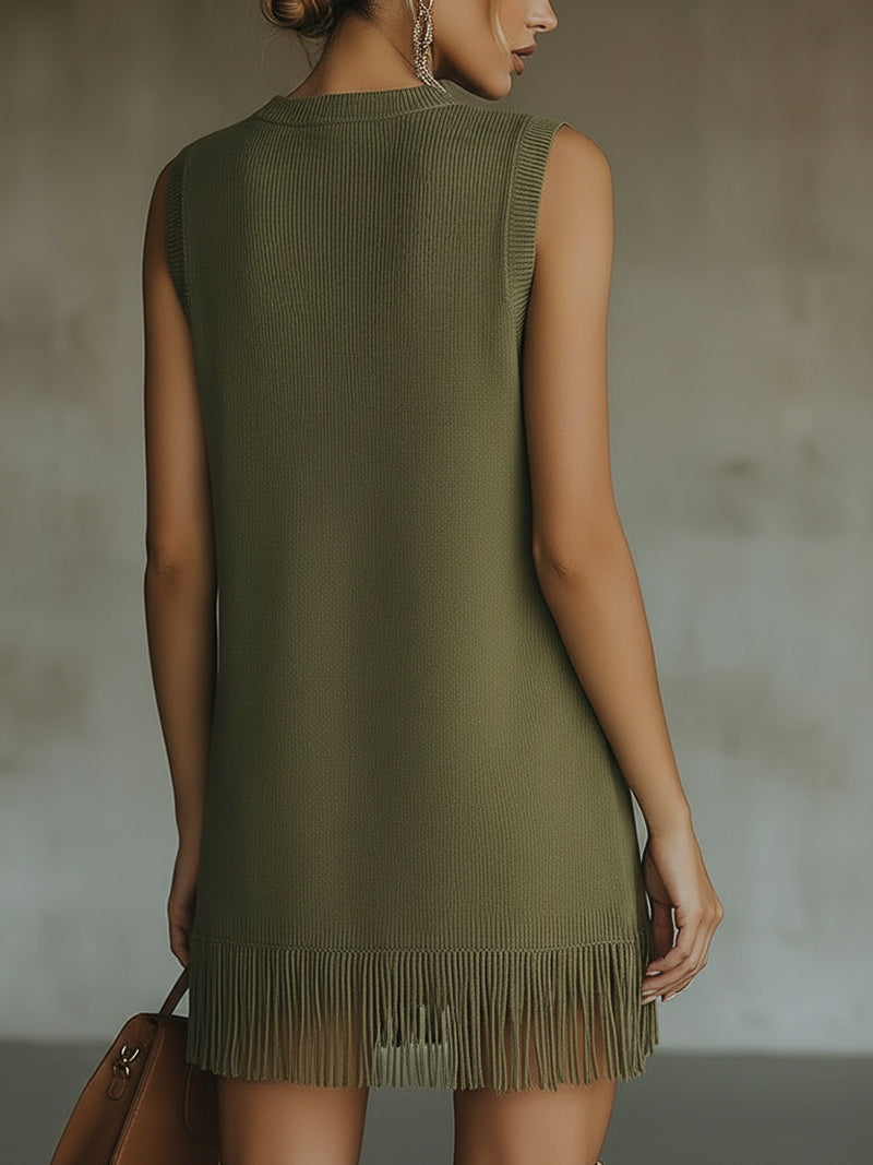 24-Hour-Shipping Olive Green Sleeveless Knit Mini Dress With Fringe Hem