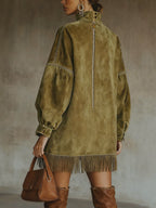 24-Hour-Shipping Olive Faux Suede Turtleneck Dress With Fringe Hem