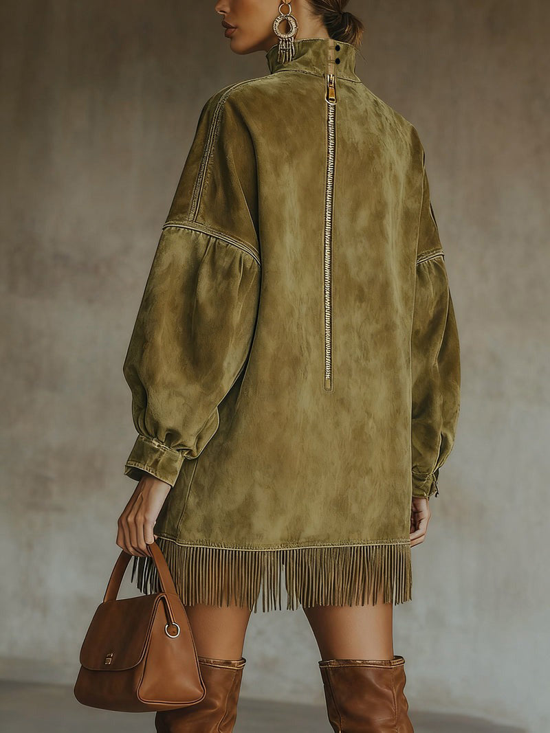 24-Hour-Shipping Olive Faux Suede Turtleneck Dress With Fringe Hem