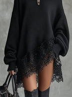 24-Hour-Shipping Black Oversized Mini Dress With Lace Hem