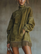 24-Hour-Shipping Olive Faux Suede Turtleneck Dress With Fringe Hem