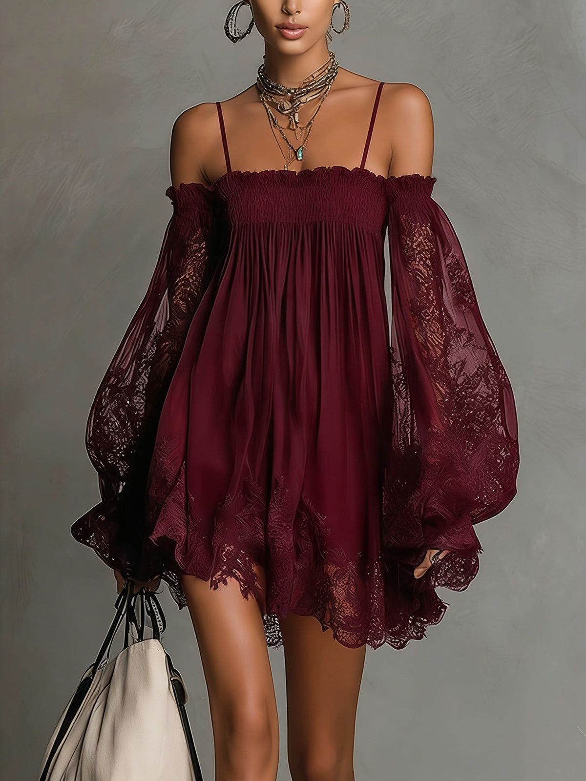 24-Hour-Shipping Navy Off-Shoulder Lace Trim Chiffon Mini Dress With Sheer Sleeves