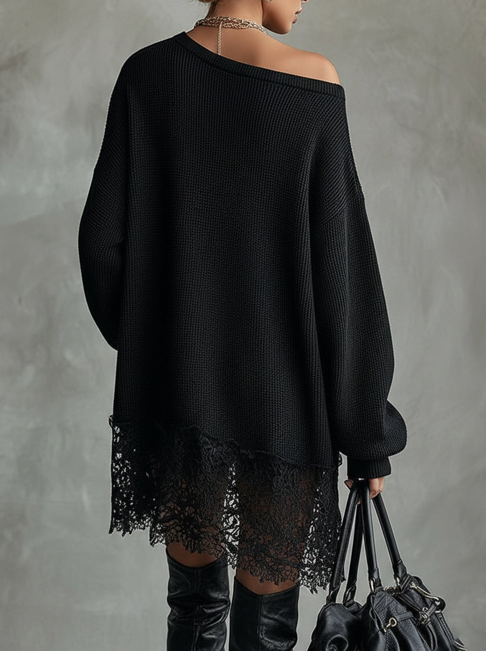 24-Hour-Shipping Black Oversized Mini Dress With Lace Hem