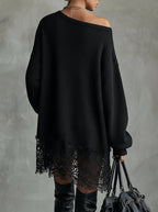 24-Hour-Shipping Black Oversized Mini Dress With Lace Hem