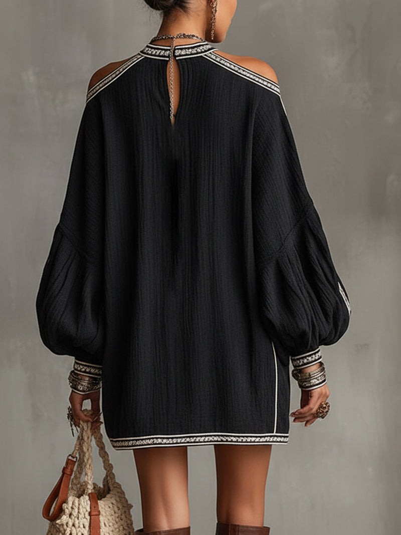 24-Hour-Shipping Black Boho Cold Shoulder Lantern Sleeve Linen Mini Dress