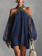 24-Hour-Shipping Navy Off-Shoulder Chiffon Mini Dress
