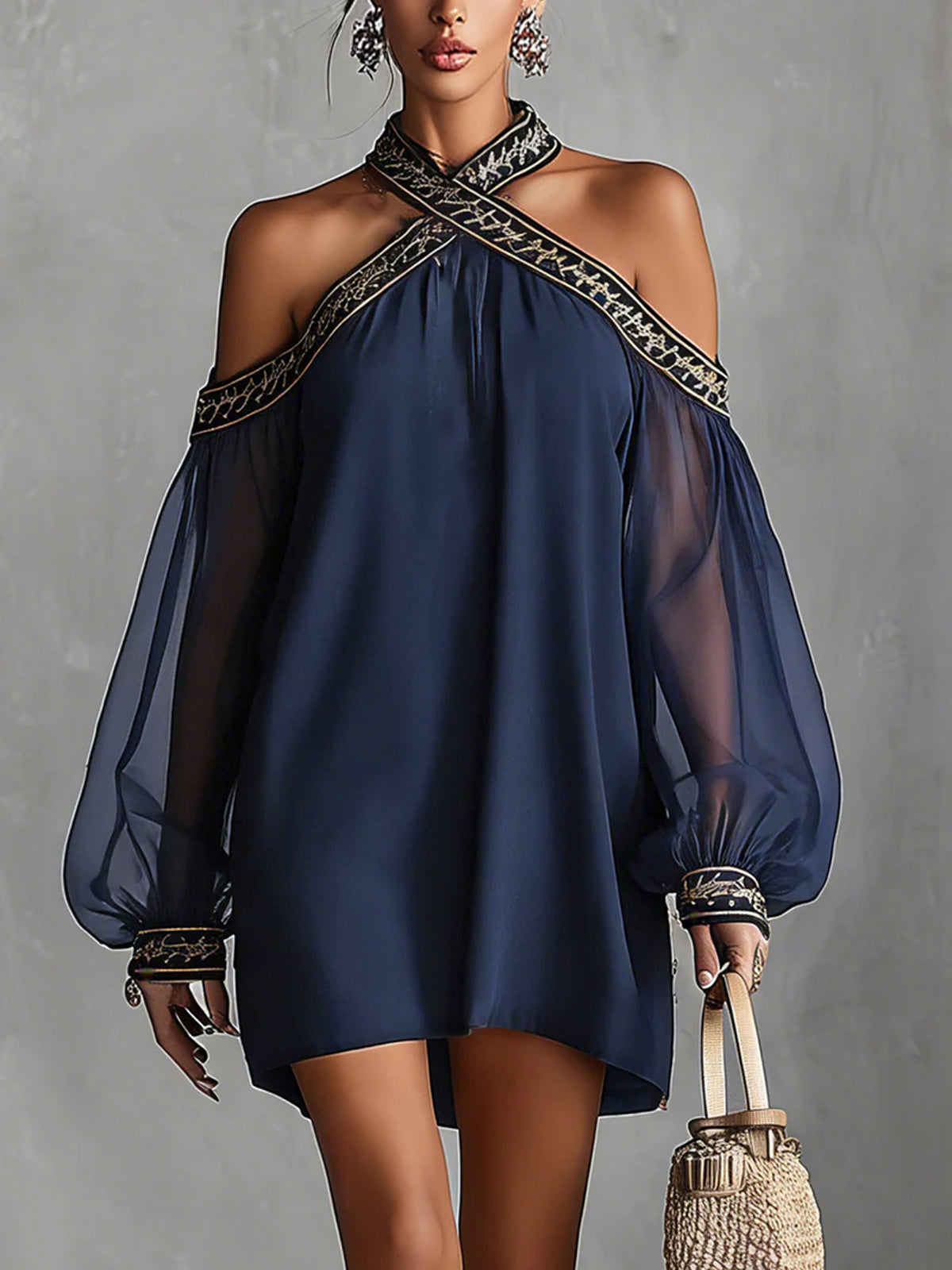24-Hour-Shipping Navy Off-Shoulder Chiffon Mini Dress