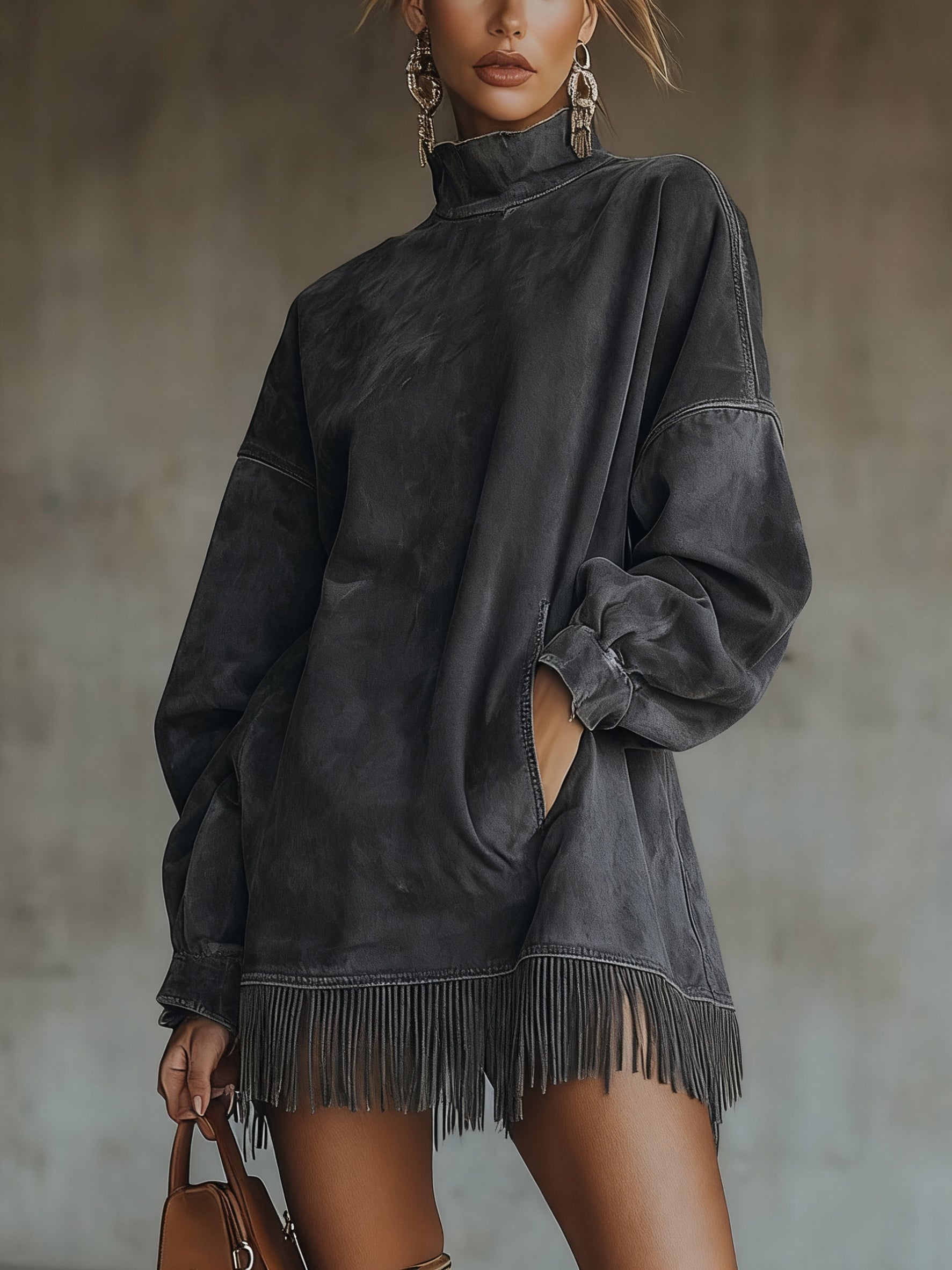 24-Hour-Shipping Olive Faux Suede Turtleneck Dress With Fringe Hem