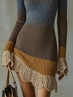 Multicolor Knit Mini Dress With Lace Ruffle Trim