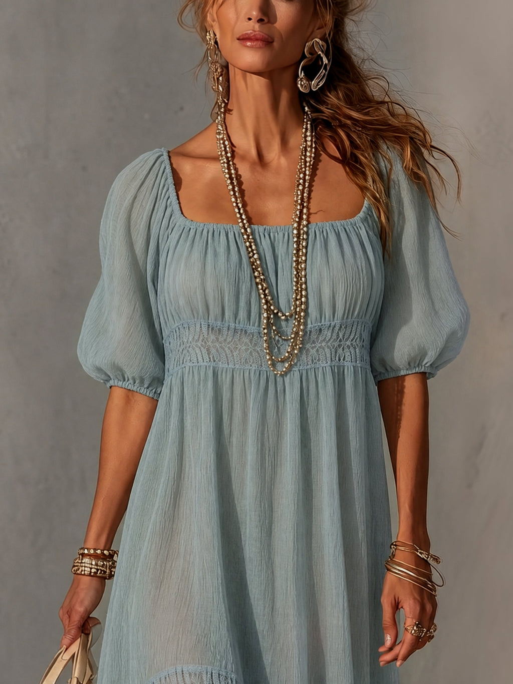 24-Hour-Shipping Blue Pleated Lace Midi Dress