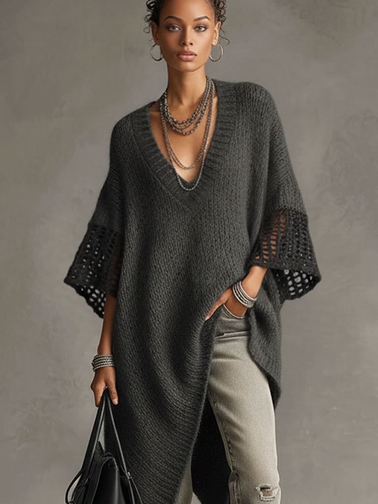 24-Hour-Shipping Gray Asymmetric Hem Loose Knit Dress With Crochet Mid Sleeves
