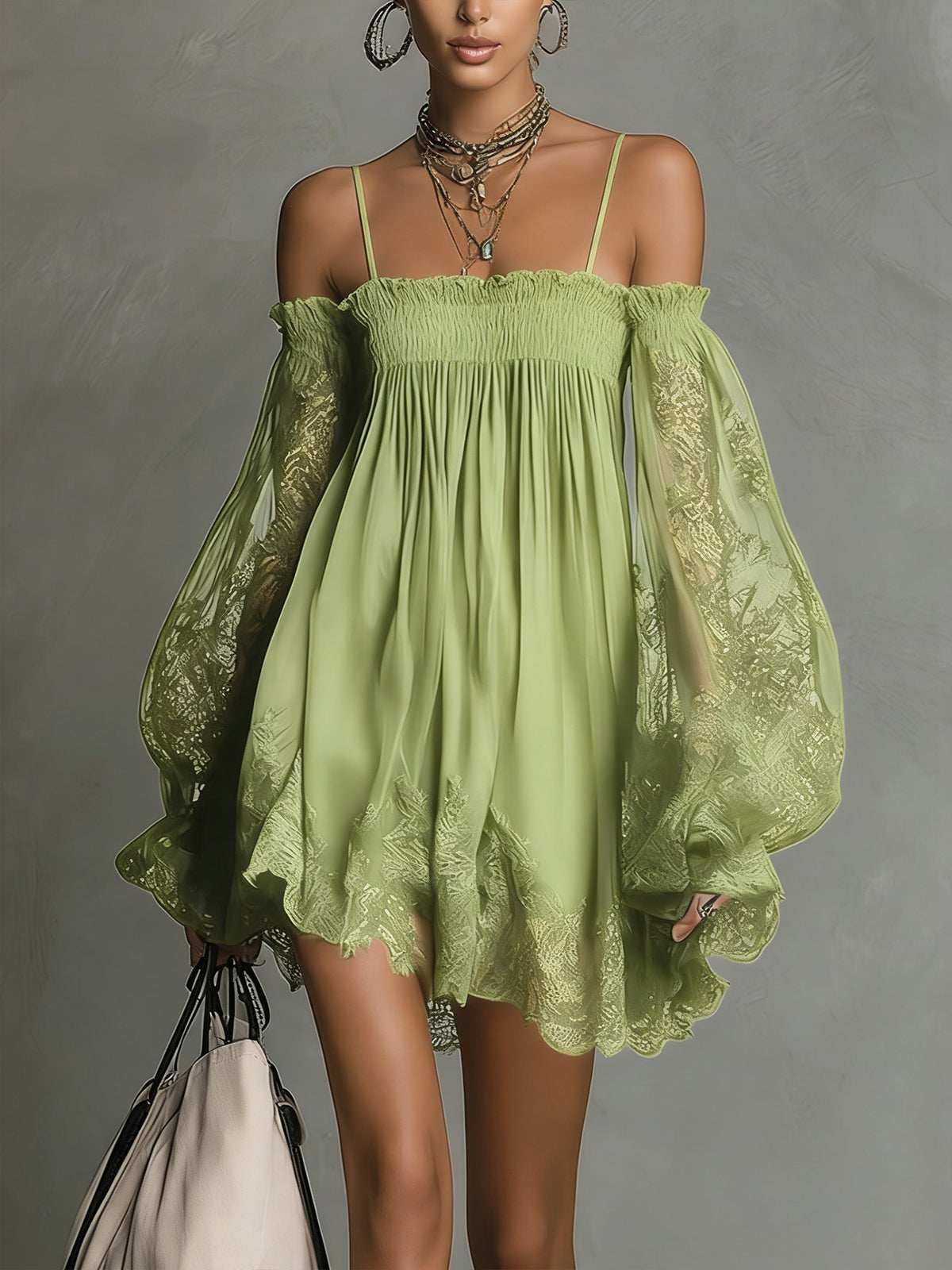 24-Hour-Shipping Navy Off-Shoulder Lace Trim Chiffon Mini Dress With Sheer Sleeves