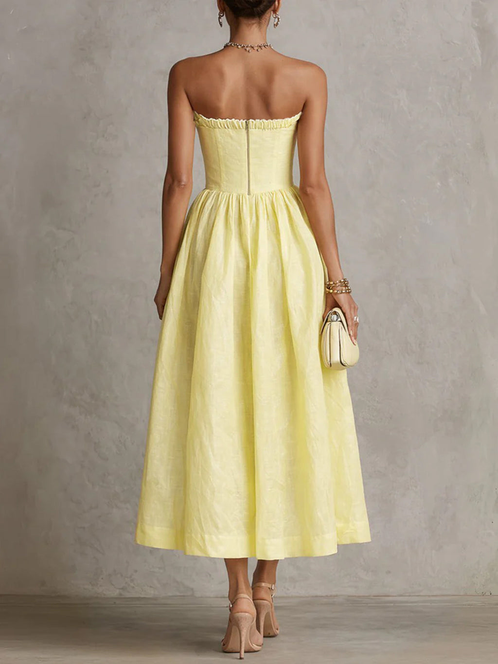 24-Hour-Shipping Yellow Strapless Floral Applique Midi Dress