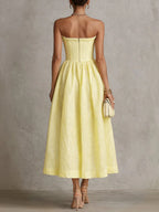 24-Hour-Shipping Yellow Strapless Floral Applique Midi Dress
