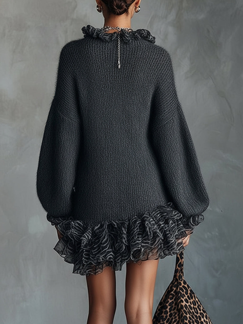 24-Hour-Shipping Gray Knit Mini Dress With Ruffled V-Neckline And Chiffon Hem