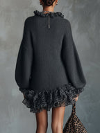 24-Hour-Shipping Gray Knit Mini Dress With Ruffled V-Neckline And Chiffon Hem