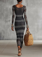 24-Hour-Shipping Gray And White Knit Bodycon Dress With Leopard Stripe Detailing