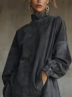 24-Hour-Shipping Olive Faux Suede Turtleneck Dress With Fringe Hem