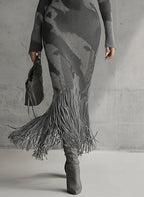 Yohers Olive Camo Knit V-Neck Fringe Hem Bodycon Dress