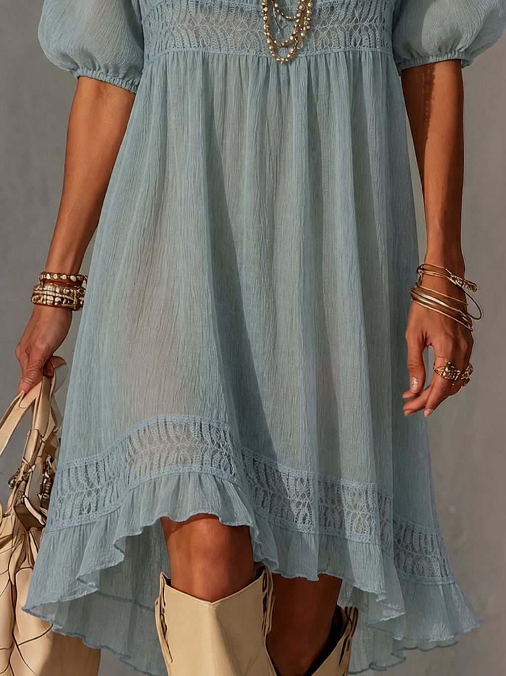 24-Hour-Shipping Blue Pleated Lace Midi Dress
