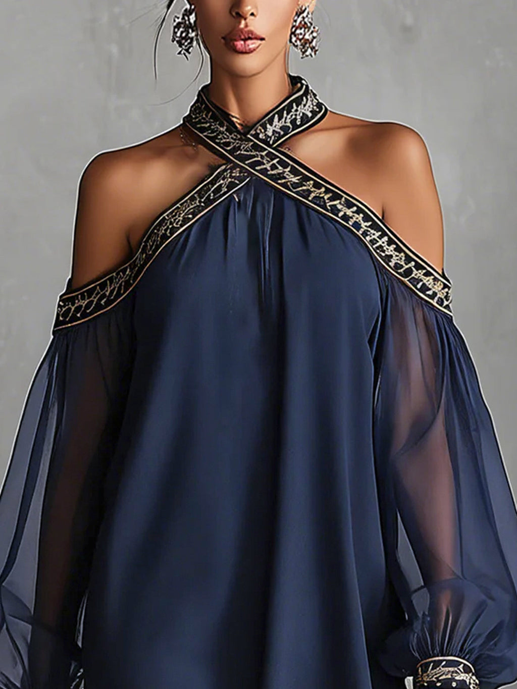 24-Hour-Shipping Navy Off-Shoulder Chiffon Mini Dress