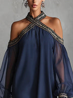 24-Hour-Shipping Navy Off-Shoulder Chiffon Mini Dress
