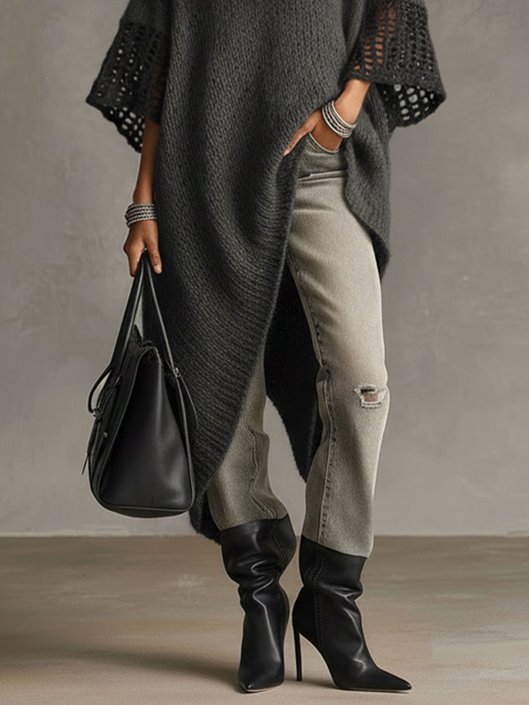 24-Hour-Shipping Gray Asymmetric Hem Loose Knit Dress With Crochet Mid Sleeves