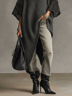 24-Hour-Shipping Gray Asymmetric Hem Loose Knit Dress With Crochet Mid Sleeves