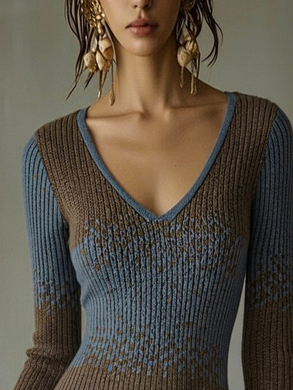 Multicolor Knit Mini Dress With Lace Ruffle Trim
