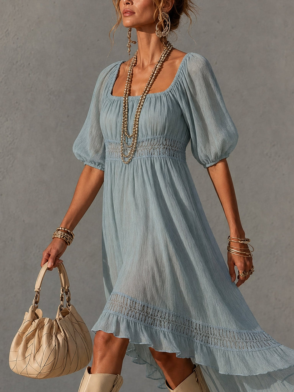 24-Hour-Shipping Blue Pleated Lace Midi Dress