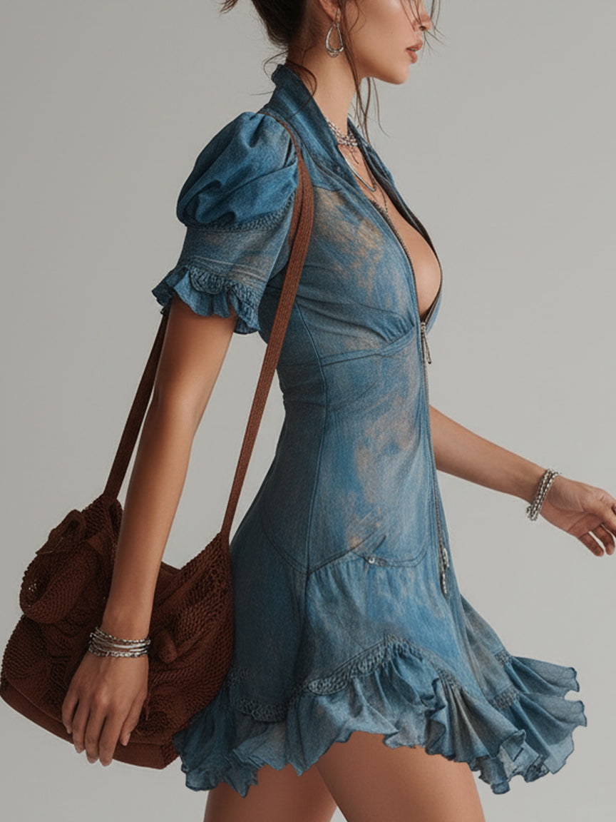 24-Hour-Shipping Blue Chiffon Floral Zip Up Mini Dress