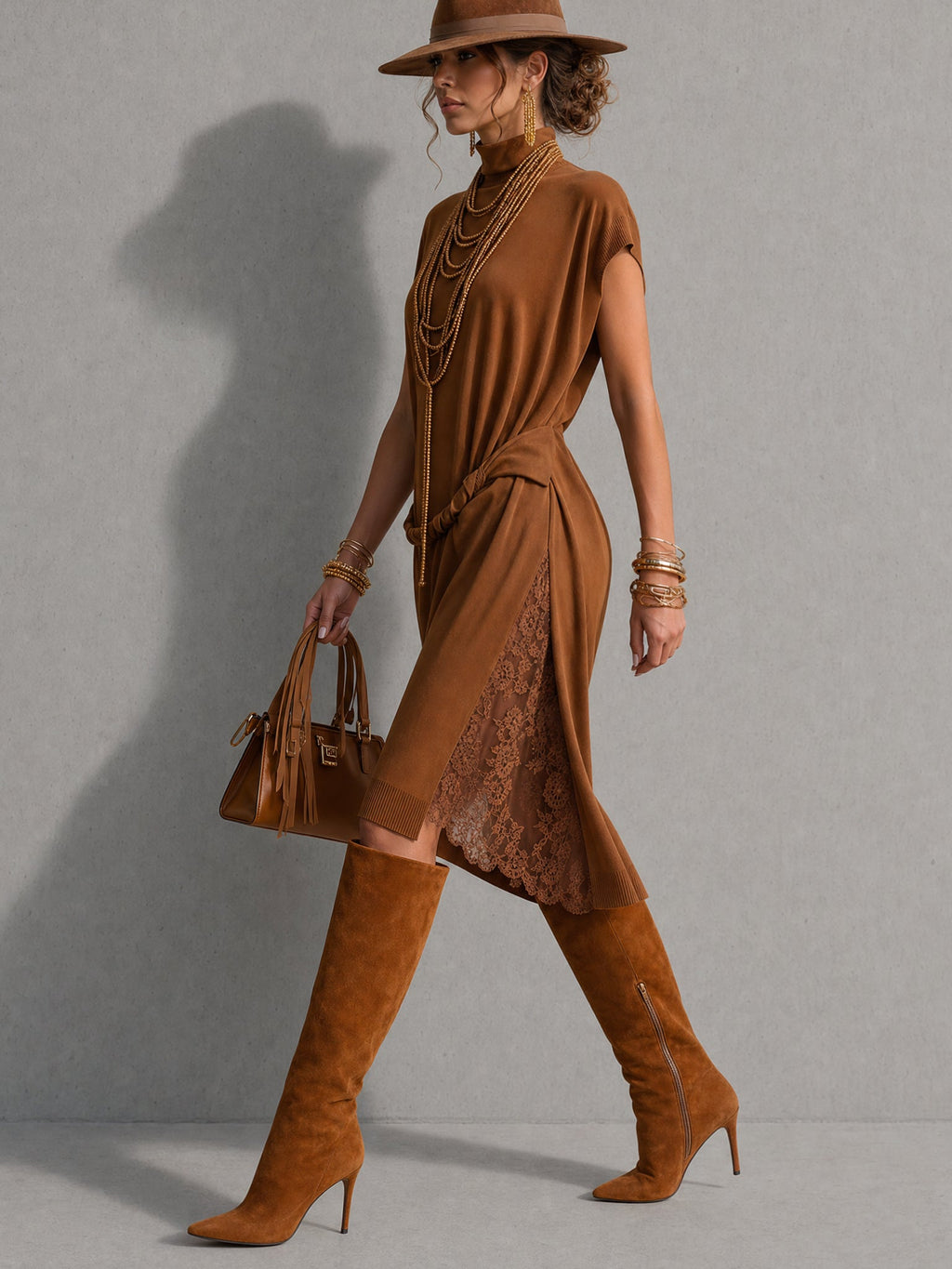 Caramel Short Sleeve Knit Midi Dress