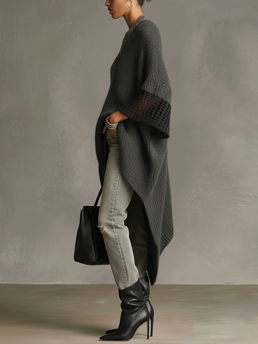 24-Hour-Shipping Gray Asymmetric Hem Loose Knit Dress With Crochet Mid Sleeves