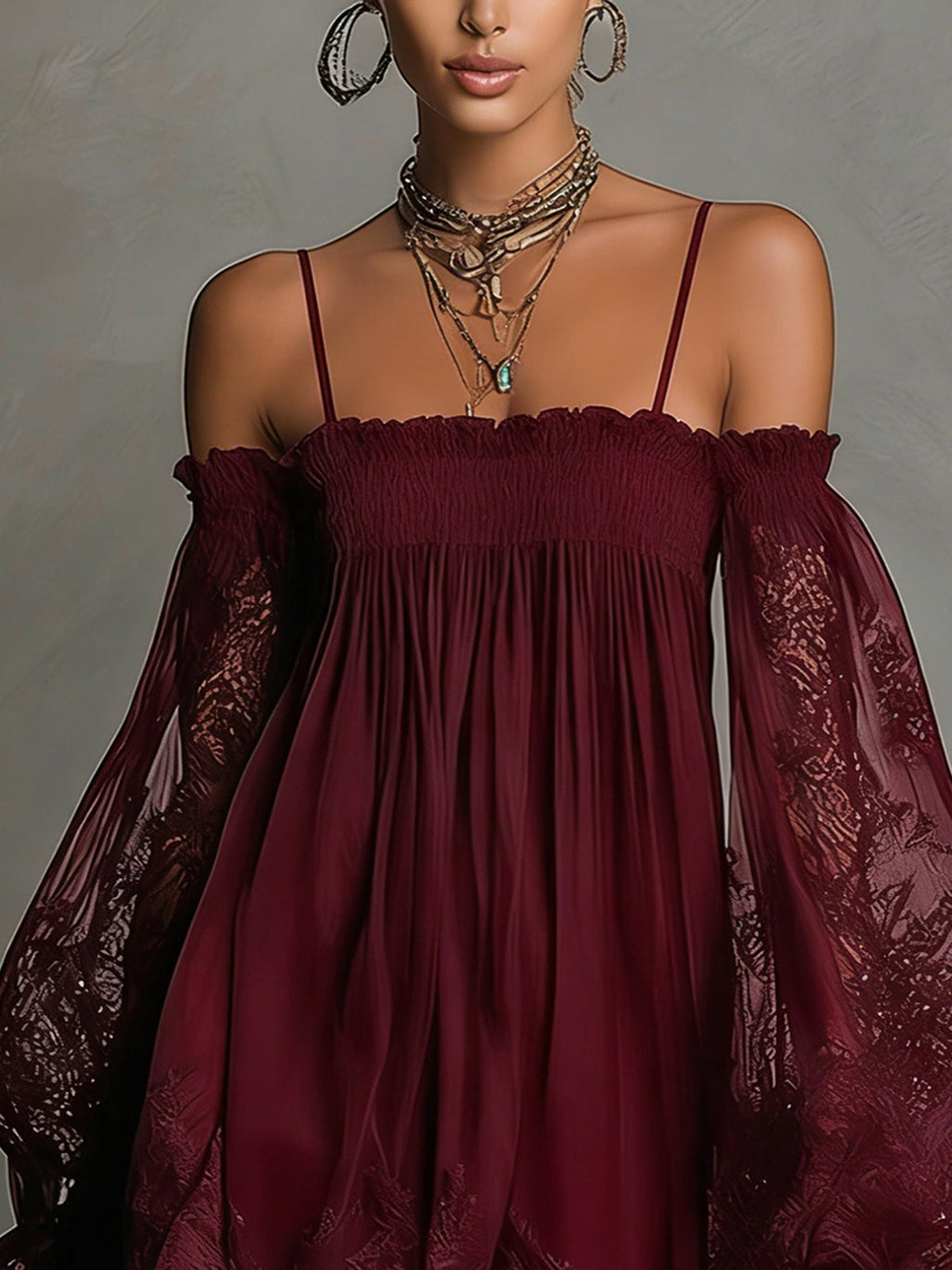 24-Hour-Shipping Navy Off-Shoulder Lace Trim Chiffon Mini Dress With Sheer Sleeves