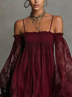 24-Hour-Shipping Navy Off-Shoulder Lace Trim Chiffon Mini Dress With Sheer Sleeves