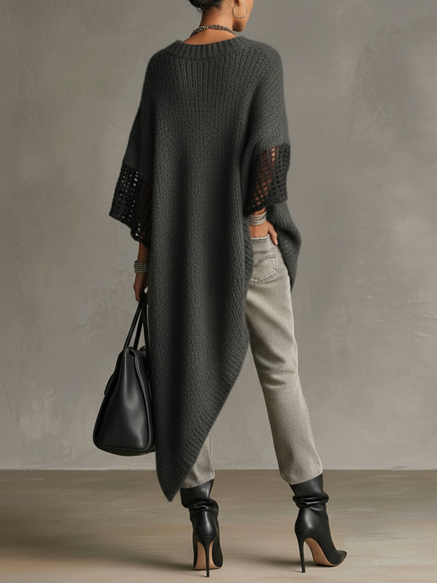 24-Hour-Shipping Gray Asymmetric Hem Loose Knit Dress With Crochet Mid Sleeves
