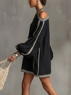 24-Hour-Shipping Black Boho Cold Shoulder Lantern Sleeve Linen Mini Dress