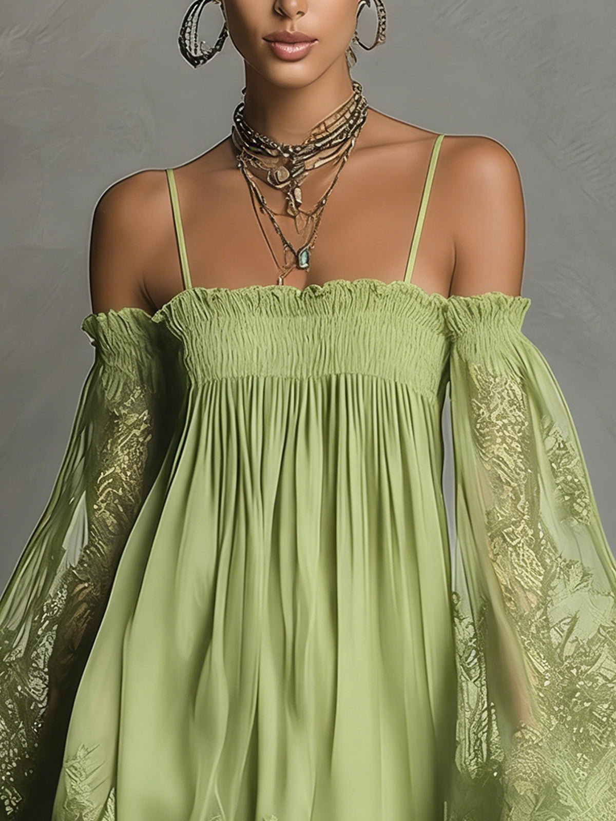 24-Hour-Shipping Navy Off-Shoulder Lace Trim Chiffon Mini Dress With Sheer Sleeves
