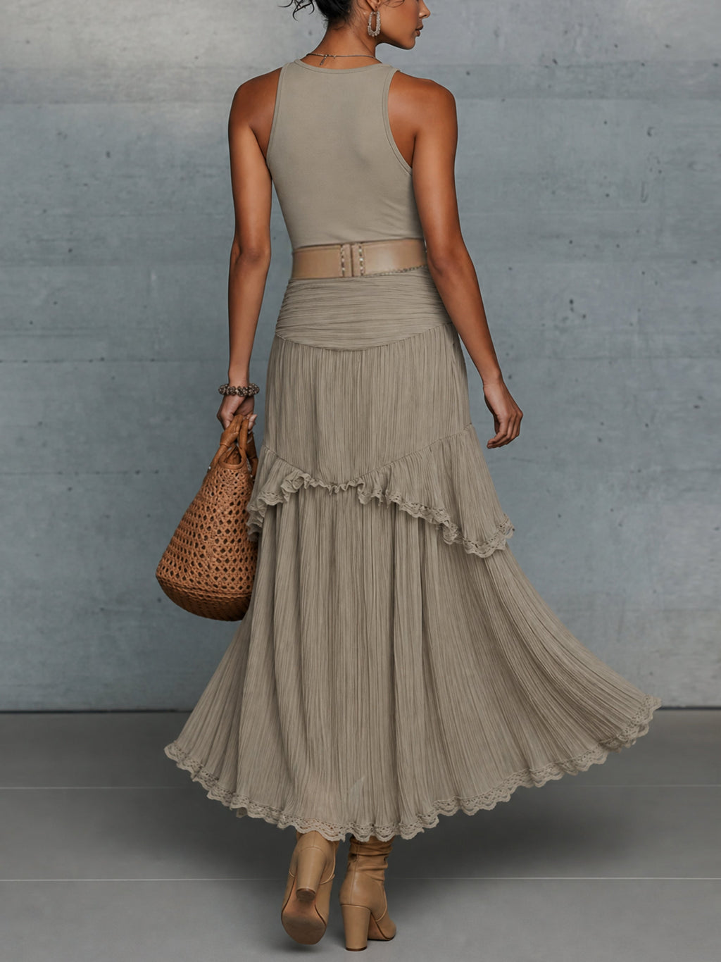 24-Hour-Shipping Oatmeal Comfortable Sleeveless Chiffon Maxi Dress Accessories Not Included