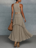 24-Hour-Shipping Oatmeal Comfortable Sleeveless Chiffon Maxi Dress Accessories Not Included