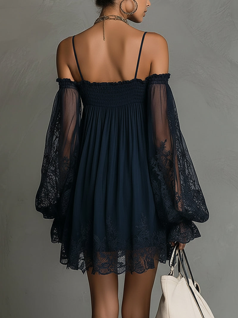 24-Hour-Shipping Navy Off-Shoulder Lace Trim Chiffon Mini Dress With Sheer Sleeves