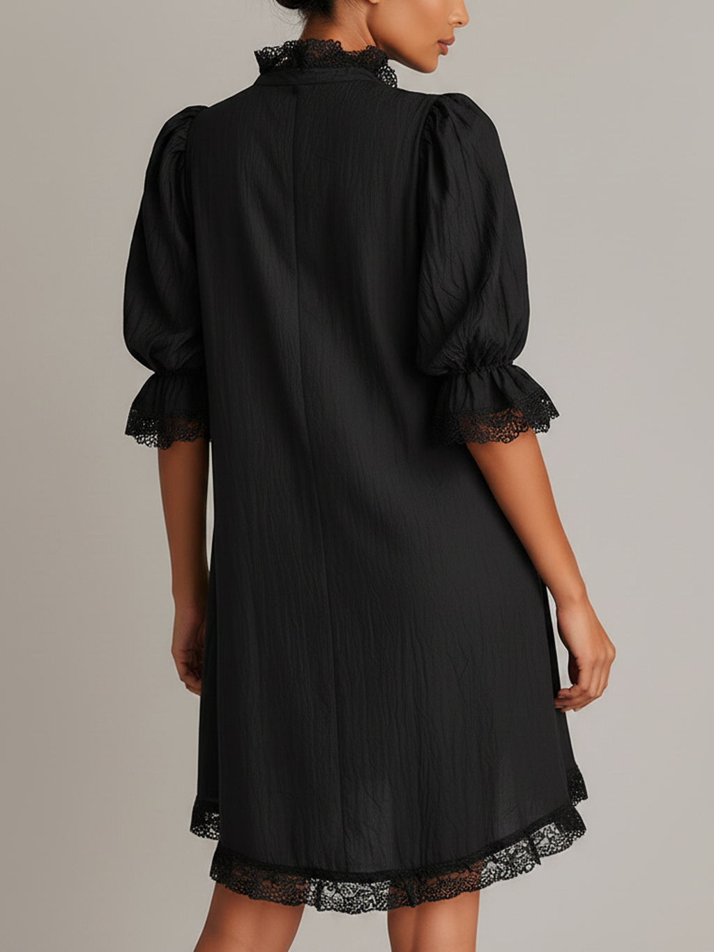 Black Textured Lace Trim Irregular Hem Puff Sleeve Mini Dress