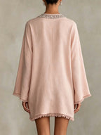 Blush Pink Linen Mini Dress With Rhinestone Trim And Fringe Hem