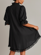 Black Textured Lace Trim Irregular Hem Puff Sleeve Mini Dress