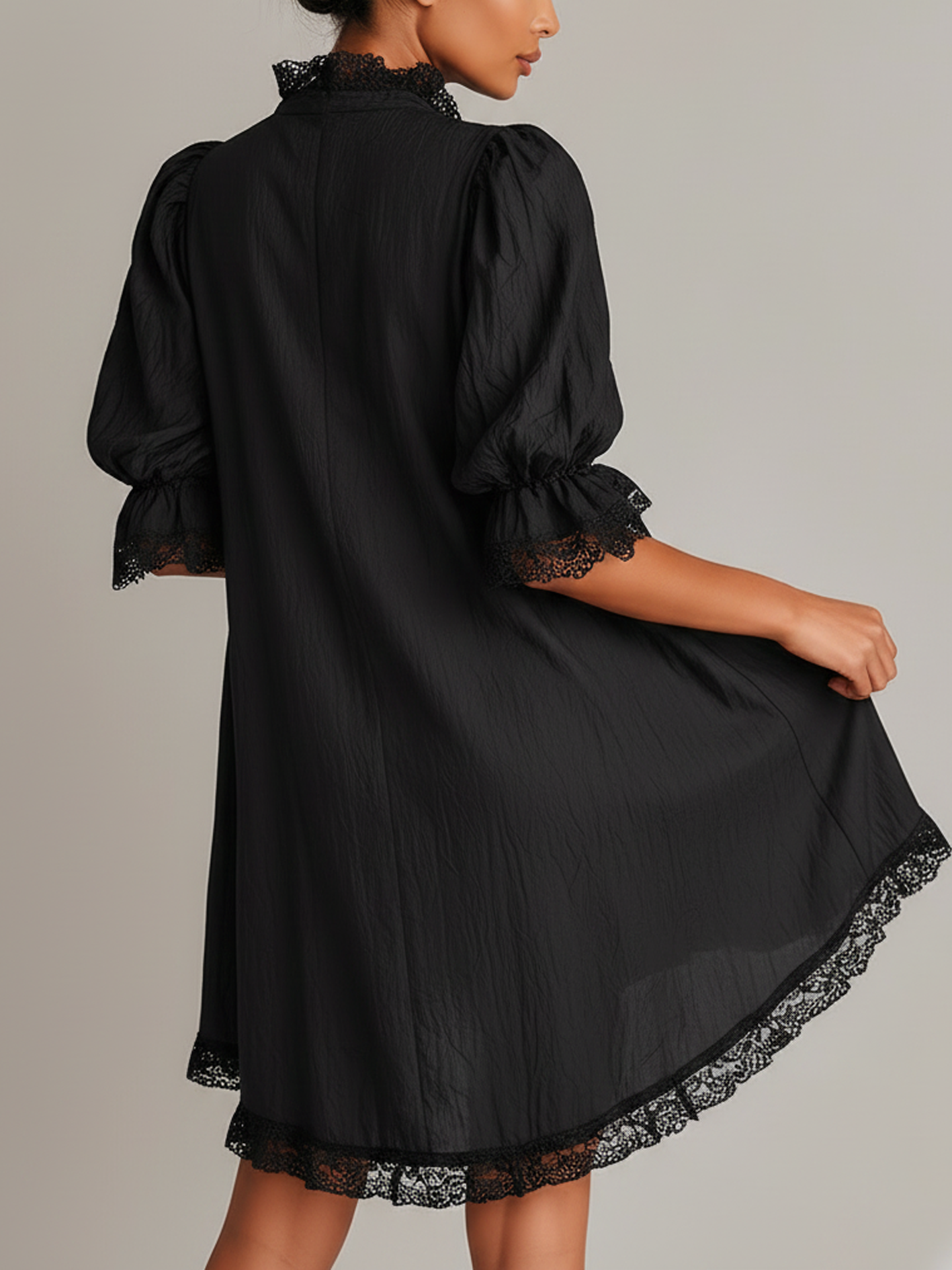 Black Textured Lace Trim Irregular Hem Puff Sleeve Mini Dress