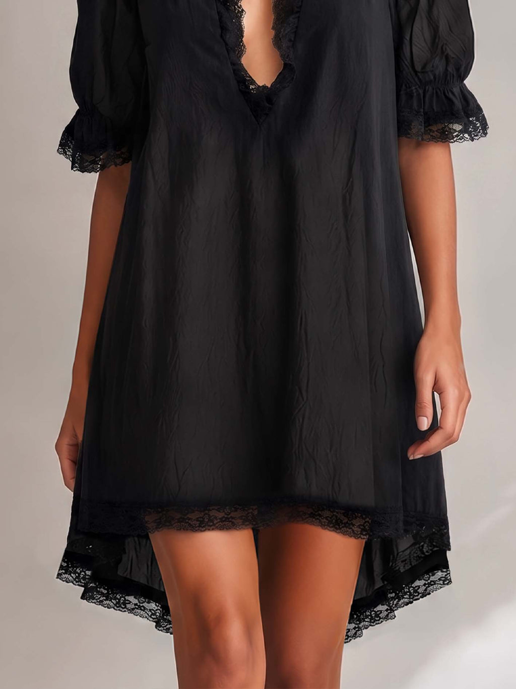 Black Textured Lace Trim Irregular Hem Puff Sleeve Mini Dress
